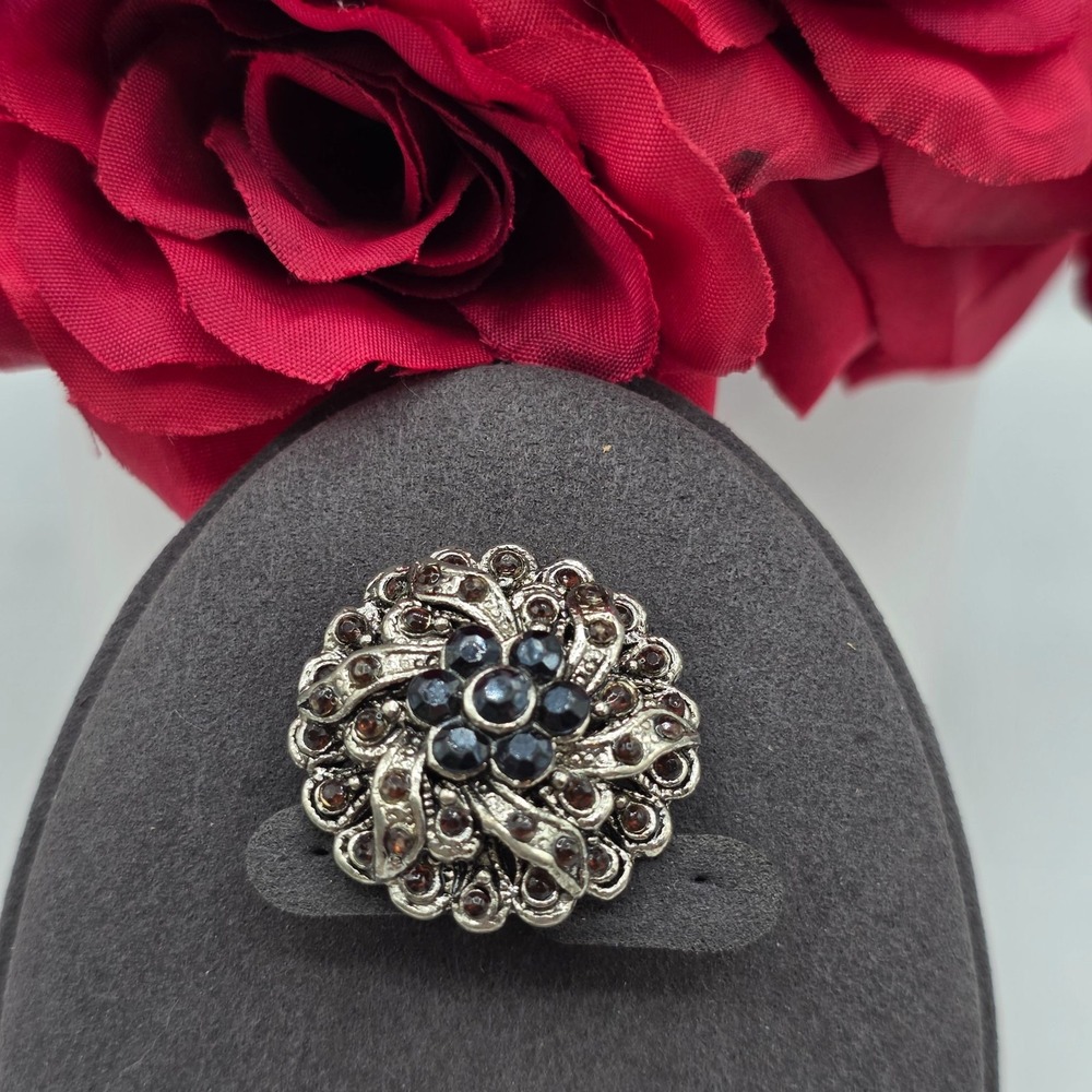 Vintage Floral Brooch Pin Silver Tone Black & Brown Rhinestones Flower Jewelry